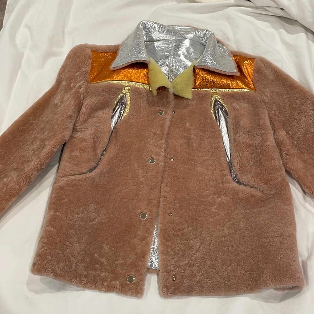 Reversible shearling and metallic jacket